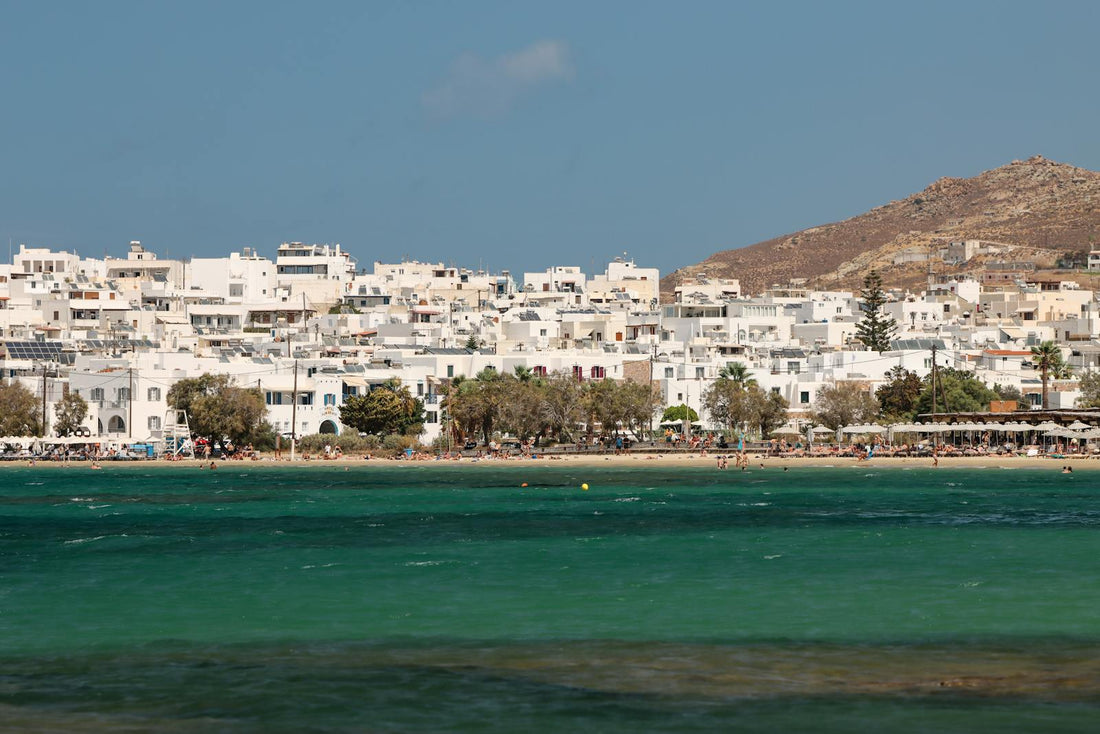 Pretty buildings and blue water in Naxos Greece