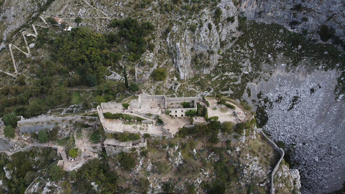 Aerial view of Špiljari Fort in Montenegro landscape captured by drone
