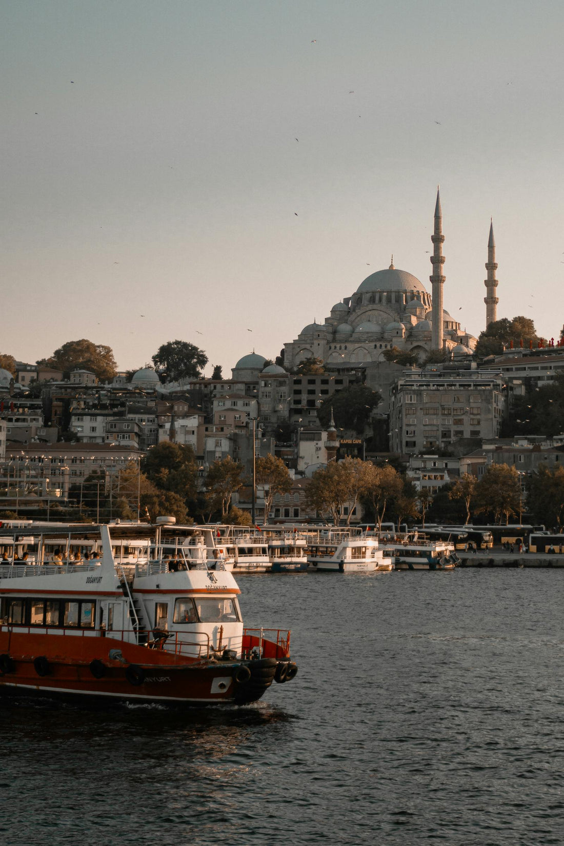 Scenic view of Istanbul harbor with mosque at sunset